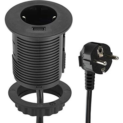 Electraline Grommet 62558 Prise encastrable Fast Charge 2.A et passe-câbles standard Ø 60 mm (Schuko encastrable sur table), câble 2 m, noir, 1 prise + 1 USB A - Publicité Electraline Grommet 62558 Prise encastrable Fast Charge 2.A et passe-câbles standard Ø 60 mm (Schuko encastrable sur table), câble 2 m, noir, 1 prise + 1 USB A - Publicité