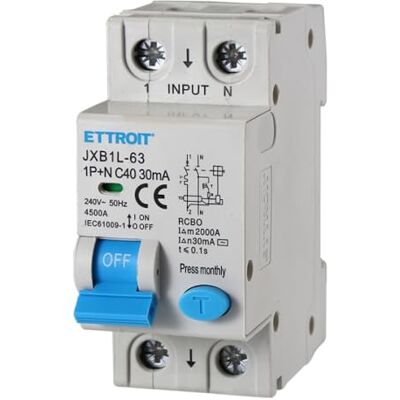 Electron 230 V 40 A C40, interrupteur magnétothermique différentiel de sauvetage, 1P+N, montage sur barre DIN, 2 modules, 30 mA, 6 KA 6000 A, RCBO, 240 VAC - Publicité Electron 230 V 40 A C40, interrupteur magnétothermique différentiel de sauvetage, 1P+N, montage sur barre DIN, 2 modules, 30 mA, 6 KA 6000 A, RCBO, 240 VAC - Publicité