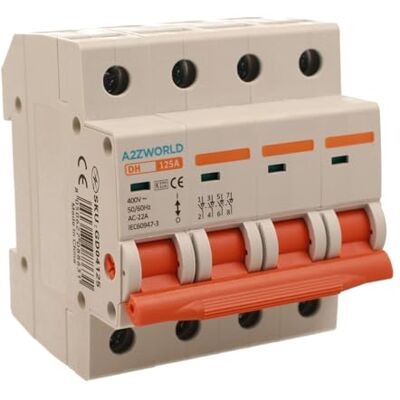 A2ZWORLD Disjoncteur modulaire triphasé 125A, 4P quadripolaire 4 modules DIN 380 V AC, IP20, certifié IEC60947-3 - Publicité A2ZWORLD Disjoncteur modulaire triphasé 125A, 4P quadripolaire 4 modules DIN 380 V AC, IP20, certifié IEC60947-3 - Publicité
