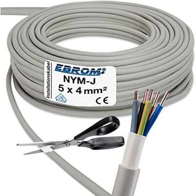 EBROM 20 mètres de câble d'installation NYM-J 5 x 4 mm² – plastique Installation Câble – 20 m – PVC – Gris - Publicité EBROM 20 mètres de câble d'installation NYM-J 5 x 4 mm² – plastique Installation Câble – 20 m – PVC – Gris - Publicité