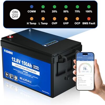 DCHOUSE Batterie Lithium 12V 150Ah LiFePO4 avec indicateurs d'état SOC, Bluetooth et coupure basse température, 4000-15000 Cycles Profonds, Parfait pour Camping-Car,Système Solaire,Bateaux,Hors-Réseau - Publicité DCHOUSE Batterie Lithium 12V 150Ah LiFePO4 avec indicateurs d'état SOC, Bluetooth et coupure basse température, 4000-15000 Cycles Profonds, Parfait pour Camping-Car,Système Solaire,Bateaux,Hors-Réseau - Publicité