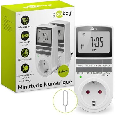 goobay Lot de 2 minuteries numériques avec 16 programmes Prise avec Mode aléatoire pour Protection Anti-effraction Minuterie avec Batterie de Secours de 100 Jours 3680 W 230 V (AC) 16 A - - Publicité goobay Lot de 2 minuteries numériques avec 16 programmes Prise avec Mode aléatoire pour Protection Anti-effraction Minuterie avec Batterie de Secours de 100 Jours 3680 W 230 V (AC) 16 A - - Publicité