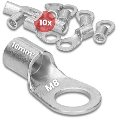 Kalitec Q16-8 Lot de 10 cosses à sertir 16 mm² M8 I Non isolées I Pressage au mandrin I Pour conducteurs multiples, à fils fins et fins I Cosse de câble 16 mm² selon DIN 46234 - Publicité Kalitec Q16-8 Lot de 10 cosses à sertir 16 mm² M8 I Non isolées I Pressage au mandrin I Pour conducteurs multiples, à fils fins et fins I Cosse de câble 16 mm² selon DIN 46234 - Publicité