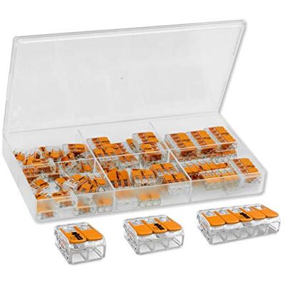 WAGO Lot de 61 pinces de serrage, comprenant les bornes de connexion suivantes : 27 x 221-412, 20 x 221-413, 14 x 221-415, dans une boîte de rangement - Publicité WAGO Lot de 61 pinces de serrage, comprenant les bornes de connexion suivantes : 27 x 221-412, 20 x 221-413, 14 x 221-415, dans une boîte de rangement - Publicité