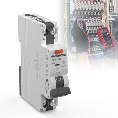 SAFEMORE Disjoncteur Différentiel RCBO 16A 30mA Type A 1P+N, Interrupteur différentiel Courbe B Haute Sensibilité Rail DIN, Homologué TÜV - Publicité SAFEMORE Disjoncteur Différentiel RCBO 16A 30mA Type A 1P+N, Interrupteur différentiel Courbe B Haute Sensibilité Rail DIN, Homologué TÜV - Publicité