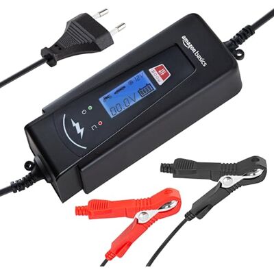 Amazon Basics Chargeur de batterie intelligent automatique avec fonction testeur de batterie, prise UE, sortie : 2A/4A, 6V/12V DC, Noir - Publicité Amazon Basics Chargeur de batterie intelligent automatique avec fonction testeur de batterie, prise UE, sortie : 2A/4A, 6V/12V DC, Noir - Publicité