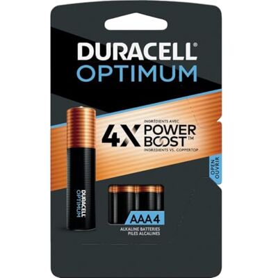 Duracell Optimum Lot de 4 piles alcalines AAA Triple A - Publicité Duracell Optimum Lot de 4 piles alcalines AAA Triple A - Publicité
