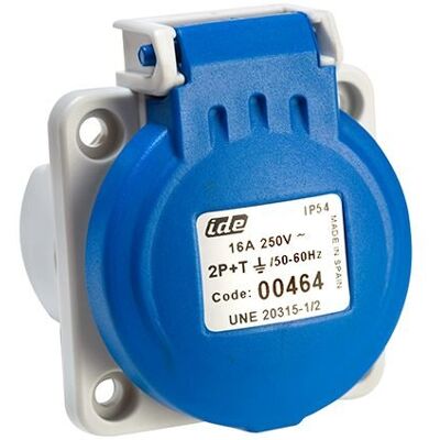 IDE 00464 bases type Schuko française, base encastrement raccordement avec vis, IP54 – 16 a-2p + t-250 V - Publicité IDE 00464 bases type Schuko française, base encastrement raccordement avec vis, IP54 – 16 a-2p + t-250 V - Publicité