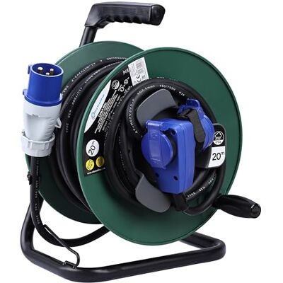 Electraline 49207 Rallonge avec enrouleur de câble 20M pour camping-car, camping, caravane, IP44, 2 prises (industrielle + Schuko), câble AT-N07V3V3-F section 3G2.5 - Publicité Electraline 49207 Rallonge avec enrouleur de câble 20M pour camping-car, camping, caravane, IP44, 2 prises (industrielle + Schuko), câble AT-N07V3V3-F section 3G2.5 - Publicité