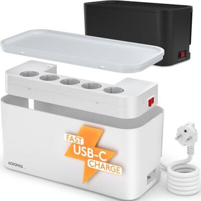 ACROPAQ Cache multiprise avec multiprise intégré, USB-C, USB-A, 5 x Prises Boite Cache Cable, Boîte de Rangement pour Câbles , Blanc - Publicité ACROPAQ Cache multiprise avec multiprise intégré, USB-C, USB-A, 5 x Prises Boite Cache Cable, Boîte de Rangement pour Câbles , Blanc - Publicité