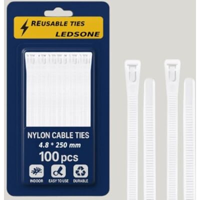 LEDSone Lot de 100 attaches de câble réutilisables de 250 mm en nylon robuste et épais (blanc, 250 x 4,8 mm) - Publicité LEDSone Lot de 100 attaches de câble réutilisables de 250 mm en nylon robuste et épais (blanc, 250 x 4,8 mm) - Publicité