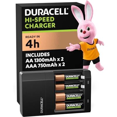 Duracell chargeur de piles AA et AAA en 4 heures (2 piles AA et 2 piles AAA rechargeables incluses) - Publicité Duracell chargeur de piles AA et AAA en 4 heures (2 piles AA et 2 piles AAA rechargeables incluses) - Publicité