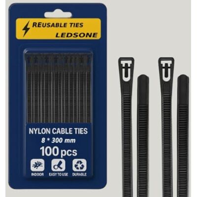 LEDSone Lot de 100 attaches de câble réutilisables en nylon robuste et épais 300 mm Noir 300 x 8 mm - Publicité LEDSone Lot de 100 attaches de câble réutilisables en nylon robuste et épais 300 mm Noir 300 x 8 mm - Publicité