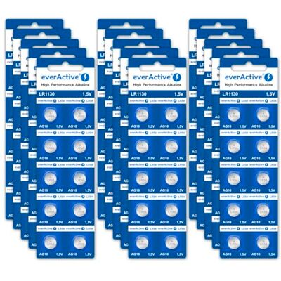 everActive Lot de 200 Piles AG10 1,5 V alcalines Mini G10 LR1130 LR54 Durée de Vie de 5 Ans 20 Cartes Blister - Publicité everActive Lot de 200 Piles AG10 1,5 V alcalines Mini G10 LR1130 LR54 Durée de Vie de 5 Ans 20 Cartes Blister - Publicité