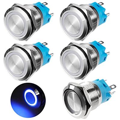 GUNGY Bouton Poussoir Verrouillage 19mm Interrupteur Poussoir 12V-24V 3A Interrupteur Poussoir Etanche Bouton-poussoir en Laiton Chromé avec Lumière LED Anneau Bleu 5 Pièces - Publicité GUNGY Bouton Poussoir Verrouillage 19mm Interrupteur Poussoir 12V-24V 3A Interrupteur Poussoir Etanche Bouton-poussoir en Laiton Chromé avec Lumière LED Anneau Bleu 5 Pièces - Publicité
