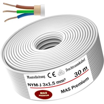 MAS Premium Câble d'alimentation NYM-J anti-humidité 5, 10, 15, 20, 25, 30, 35, 40, 50, 60, 70, 75, 80, 90 ou 100 m Câble gainé NYM-J 3 x 1,5 mm² Anneau pour une pose fixe (30 m). Publicité MAS Premium Câble d'alimentation NYM-J anti-humidité 5, 10, 15, 20, 25, 30, 35, 40, 50, 60, 70, 75, 80, 90 ou 100 m Câble gainé NYM-J 3 x 1,5 mm² Anneau pour une pose fixe (30 m). Publicité