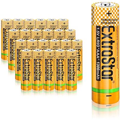 EXTRASTAR Batterie Alcaline AAA LR03 1,5 Volt, 1300 mAh No7 Batteries, gamme de performances, ne peut pas être chargée, 24 pièces - Publicité EXTRASTAR Batterie Alcaline AAA LR03 1,5 Volt, 1300 mAh No7 Batteries, gamme de performances, ne peut pas être chargée, 24 pièces - Publicité