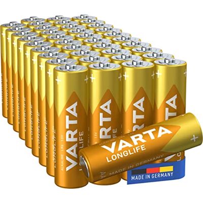 Varta Piles AA, lot de 40, Longlife, Alcalines, 1,5V, pour télécommandes, radios, horloges, Made in Germany - Publicité Varta Piles AA, lot de 40, Longlife, Alcalines, 1,5V, pour télécommandes, radios, horloges, Made in Germany - Publicité