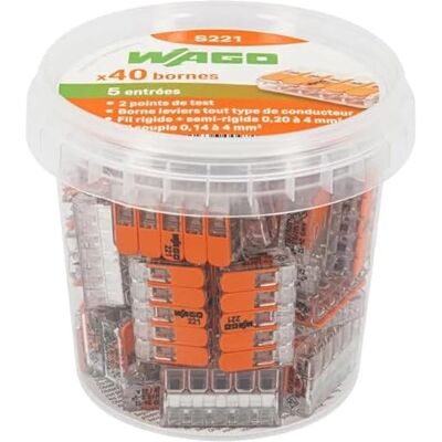 WAGO 40 pièces S221-415 bornes de raccordement 5 fils 5 entrées avec levier 0,20 à 4 mm² (1 Pot de 40 mini bornes) - Publicité WAGO 40 pièces S221-415 bornes de raccordement 5 fils 5 entrées avec levier 0,20 à 4 mm² (1 Pot de 40 mini bornes) - Publicité