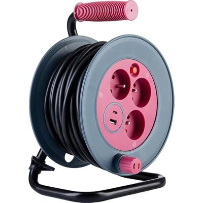 Zenitech Enrouleur Bricolage 3 Prises + 2 USB-A/C Rose - Publicité Zenitech Enrouleur Bricolage 3 Prises + 2 USB-A/C Rose - Publicité