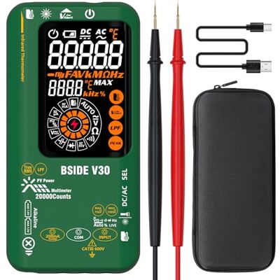 BSIDE Multimètre Numérique Intelligent 20000 Comptes TRMS, Multimètre Photovoltaïque 1500V 0.01mV 0.1μA, Testeur Électrique avec Filtre Passe-Bas, Double Alimentation, LCD Couleur et Thermomètre IR - Publicité BSIDE Multimètre Numérique Intelligent 20000 Comptes TRMS, Multimètre Photovoltaïque 1500V 0.01mV 0.1μA, Testeur Électrique avec Filtre Passe-Bas, Double Alimentation, LCD Couleur et Thermomètre IR - Publicité