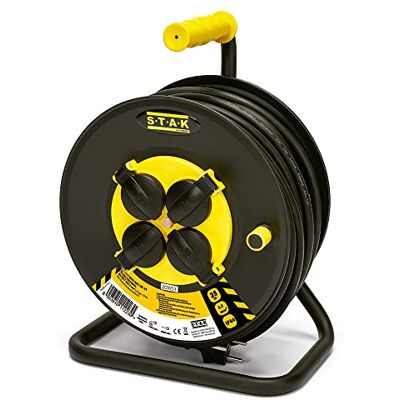 STAK Enrouleur de câble électrique professionnel, 4 prises et prise Schuko, H07RN-F3G2.5MM2, 25M, GS (TUV)- IP44. Publicité STAK Enrouleur de câble électrique professionnel, 4 prises et prise Schuko, H07RN-F3G2.5MM2, 25M, GS (TUV)- IP44. Publicité