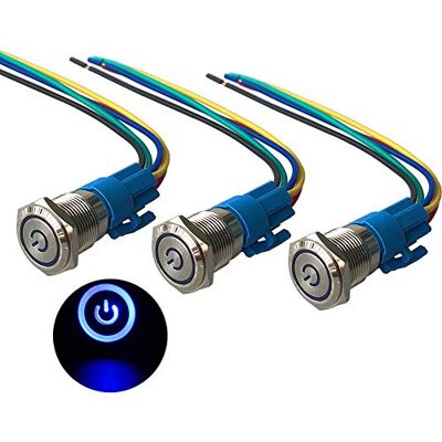QitinDasen 3Pcs Premium 12V / 24V 5A Interrupteur à Bouton-Poussoir Auto-Bloquant, Commutateur Bouton-Poussoir 16mm, Bleu LED Interrupteur Etanche IP67 avec Fil de Prise de Courant - Publicité QitinDasen 3Pcs Premium 12V / 24V 5A Interrupteur à Bouton-Poussoir Auto-Bloquant, Commutateur Bouton-Poussoir 16mm, Bleu LED Interrupteur Etanche IP67 avec Fil de Prise de Courant - Publicité