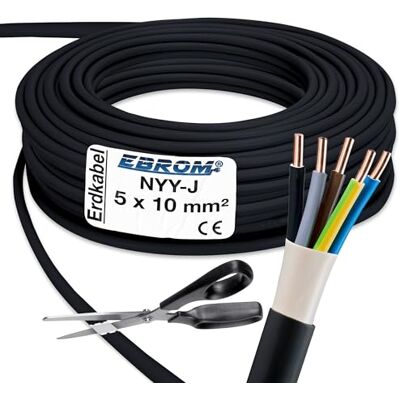 EBROM Câble d'alimentation – Câble de terre NYY-J 5 x 10 mm² – Noir – Sélection par étapes de 5 m – par exemple :10 m – 20 m – 25 m – 30 m – 35 m – 40 m – 45 m – 50 m – chacun livré dans une longueur - Publicité EBROM Câble d'alimentation – Câble de terre NYY-J 5 x 10 mm² – Noir – Sélection par étapes de 5 m – par exemple :10 m – 20 m – 25 m – 30 m – 35 m – 40 m – 45 m – 50 m – chacun livré dans une longueur - Publicité