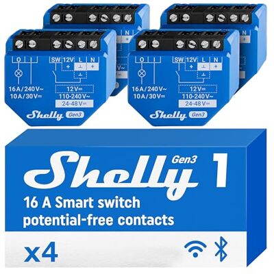 Shelly 1 Gen3 Interrupteur connecté Wi-Fi et Matter à contacts secs, 1 canal 16A, Commande à distance éclairage par app, Compatible Alexa, Apple Homekit et Google Home, Aucun Hub Requis Lot de 4 - Publicité Shelly 1 Gen3 Interrupteur connecté Wi-Fi et Matter à contacts secs, 1 canal 16A, Commande à distance éclairage par app, Compatible Alexa, Apple Homekit et Google Home, Aucun Hub Requis Lot de 4 - Publicité