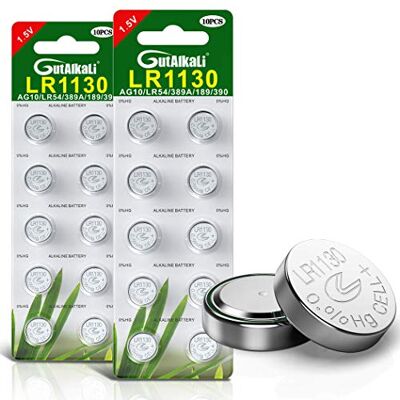 GutAlkaLi Lot de 20 piles LR1130 AG10 1,5 V pour montres, appareils auditifs, glucomètre, porte-clés et petits appareils électroniques – La chimie à l'oxyde d'argent fournit une tension stable et une - Publicité GutAlkaLi Lot de 20 piles LR1130 AG10 1,5 V pour montres, appareils auditifs, glucomètre, porte-clés et petits appareils électroniques – La chimie à l'oxyde d'argent fournit une tension stable et une - Publicité