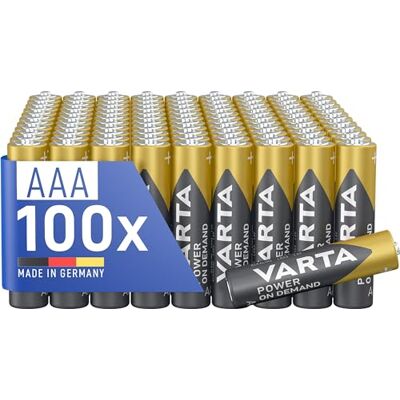 Varta Piles AAA, lot de 100, Power on Demand, Alcalines, 1,5V, emballage écologique, pour accessoires informatiques, Smart Home, lampes de poche, Made in Germany - Publicité Varta Piles AAA, lot de 100, Power on Demand, Alcalines, 1,5V, emballage écologique, pour accessoires informatiques, Smart Home, lampes de poche, Made in Germany - Publicité