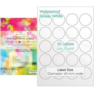 EVG Evergreen Goods A4 Imperméable Brillant Blanc Rond Prédécoupé Étiquettes vinyle imprimable Inkjet Autocollant Cercle circulaire Prédécoupage Étiquettes vinyle 45 mm (20 par feuille, 200 Total) - Publicité EVG Evergreen Goods A4 Imperméable Brillant Blanc Rond Prédécoupé Étiquettes vinyle imprimable Inkjet Autocollant Cercle circulaire Prédécoupage Étiquettes vinyle 45 mm (20 par feuille, 200 Total) - Publicité