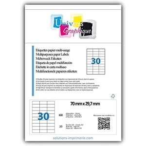 UNIVERS GRAPHIQUE 600 Etiquettes autocollantes 70 x 29.7 mm 20 feuilles A4 pour impression imprimante laser, jet d'encre, Copieur, REF UGE0030V1 - Publicité UNIVERS GRAPHIQUE 600 Etiquettes autocollantes 70 x 29.7 mm 20 feuilles A4 pour impression imprimante laser, jet d'encre, Copieur, REF UGE0030V1 - Publicité