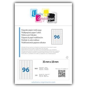 UNIVERS GRAPHIQUE Etiquettes papier adhésif blanc-Etiquette autocollante 35 x 18 mm Adhésif permanent- Lot de 100 planches de 96 étiquettes - Publicité UNIVERS GRAPHIQUE Etiquettes papier adhésif blanc-Etiquette autocollante 35 x 18 mm Adhésif permanent- Lot de 100 planches de 96 étiquettes - Publicité