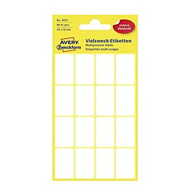 Avery 3074 étiquettes autocollantes (29 x 18 mm, 96 étiquettes autocollantes sur 6 feuilles, étiquettes multi-usages, pour la maison, l'école et le bureau, pour l'étiquetage et l'étiquetage) - Publicité Avery 3074 étiquettes autocollantes (29 x 18 mm, 96 étiquettes autocollantes sur 6 feuilles, étiquettes multi-usages, pour la maison, l'école et le bureau, pour l'étiquetage et l'étiquetage) - Publicité