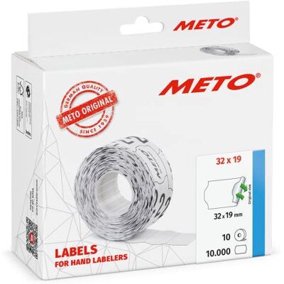 Meto Étiquettes pour étiqueteuse manuelle (32x19 mm, 2 lignes, papier blanc, 10 000 étiquettes, décollables et repositionnables, pour appareils , Contact, Sato, Avery, etc.) - Publicité Meto Étiquettes pour étiqueteuse manuelle (32x19 mm, 2 lignes, papier blanc, 10 000 étiquettes, décollables et repositionnables, pour appareils , Contact, Sato, Avery, etc.) - Publicité
