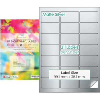 EVG Evergreen Goods A4 Argent Imperméable Étiquettes Prédécoupées 10 Feuilles Mat Autocollantes Impression Jet d'Encre/Laser Imprimable 21 Étiquettes par Feuille (3x7), 210 au Total - Publicité EVG Evergreen Goods A4 Argent Imperméable Étiquettes Prédécoupées 10 Feuilles Mat Autocollantes Impression Jet d'Encre/Laser Imprimable 21 Étiquettes par Feuille (3x7), 210 au Total - Publicité