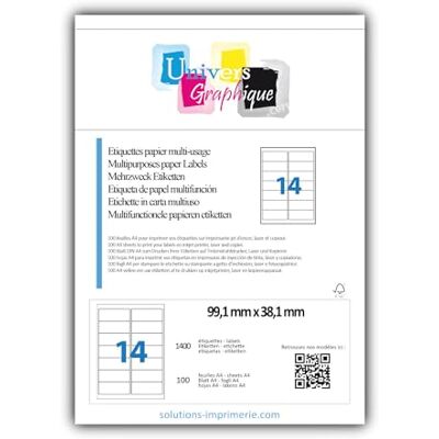 UNIVERS GRAPHIQUE 100 Planches de 14 étiquettes 99 x 38 mm pour adressage de mailing aux normes postales pour affranchissement courrier – notice et gabarit Word pour publipostage courrier fournis sur demande - Publicité UNIVERS GRAPHIQUE 100 Planches de 14 étiquettes 99 x 38 mm pour adressage de mailing aux normes postales pour affranchissement courrier – notice et gabarit Word pour publipostage courrier fournis sur demande - Publicité