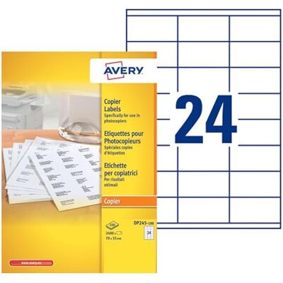 Avery Boite de 2400 Étiquettes Autocollantes multi-usages, Format 70 x 35 mm, Impression copieur, (DP245-100) - Publicité Avery Boite de 2400 Étiquettes Autocollantes multi-usages, Format 70 x 35 mm, Impression copieur, (DP245-100) - Publicité