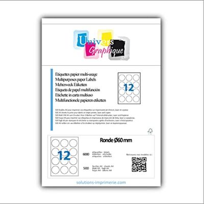 UNIVERS GRAPHIQUE 500 Planches de 12 étiquette rondes diamètre 60 mm =6000 étiquettes Ø 60 Blanc Mat pour imprimantes Laser et Jet d'encre Feuilles A4 autocollantes référence univers UGEROND60 - Publicité UNIVERS GRAPHIQUE 500 Planches de 12 étiquette rondes diamètre 60 mm =6000 étiquettes Ø 60 Blanc Mat pour imprimantes Laser et Jet d'encre Feuilles A4 autocollantes référence univers UGEROND60 - Publicité
