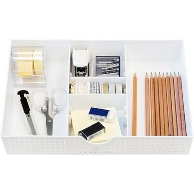Amtido Plateau de rangement de tiroir de bureau pour fournitures et accessoires de bureau – Organiseur de papeterie élégant à 3 compartiments avec 2 séparateurs réglables – Organiseur de bureau blanc - Publicité Amtido Plateau de rangement de tiroir de bureau pour fournitures et accessoires de bureau – Organiseur de papeterie élégant à 3 compartiments avec 2 séparateurs réglables – Organiseur de bureau blanc - Publicité