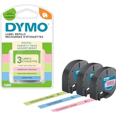Dymo LetraTag Étiquettes Pastel Starter Set 12 mm x 4 m (3 cassettes) rubans en plastique Crème de Pistache, Rêverie & Crème de Fraise Étiquettes autocollantes pour étiqueteuse LetraTag - Publicité Dymo LetraTag Étiquettes Pastel Starter Set 12 mm x 4 m (3 cassettes) rubans en plastique Crème de Pistache, Rêverie & Crème de Fraise Étiquettes autocollantes pour étiqueteuse LetraTag - Publicité