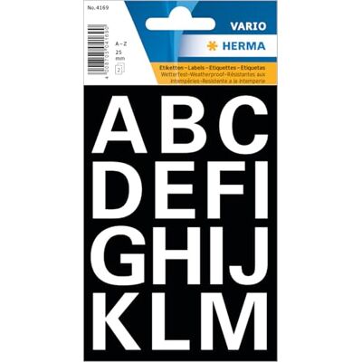 HERMA Lot de 30 lettres autocollantes blanches Taille de la police : 25 mm Imperméables Résistantes aux intempéries Lettres de l'alphabet de A à Z En film plastique à coller Transparent - Publicité HERMA Lot de 30 lettres autocollantes blanches Taille de la police : 25 mm Imperméables Résistantes aux intempéries Lettres de l'alphabet de A à Z En film plastique à coller Transparent - Publicité