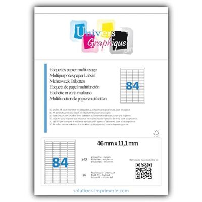UNIVERS GRAPHIQUE 840 Étiquettes Adhésives 46 x 11.1 mm 10 feuilles de 84 étiquettes mini étiquette autocollante Blanc Mat pour imprimantes Laser et Jet d'encre référence univers UGE0084R1 compatible - Publicité UNIVERS GRAPHIQUE 840 Étiquettes Adhésives 46 x 11.1 mm 10 feuilles de 84 étiquettes mini étiquette autocollante Blanc Mat pour imprimantes Laser et Jet d'encre référence univers UGE0084R1 compatible - Publicité