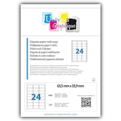 UNIVERS GRAPHIQUE 200 planches de 24 = 4800 étiquettes autocollantes papier adhésif blanc 63,5 x 33,9 mm compatible mon timbre en ligne ou FBA AMAZON- (l7159) TVA DEDUCTIBLE - Publicité UNIVERS GRAPHIQUE 200 planches de 24 = 4800 étiquettes autocollantes papier adhésif blanc 63,5 x 33,9 mm compatible mon timbre en ligne ou FBA AMAZON- (l7159) TVA DEDUCTIBLE - Publicité