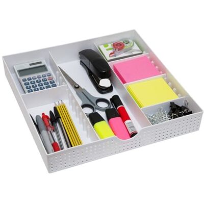 Amtido Plateau de rangement de tiroir pour fournitures de bureau et accessoires, Organisateur de Bureau – Boîte de rangement – 3 compartiments avec 4 séparateurs réglables – Blanc - Publicité Amtido Plateau de rangement de tiroir pour fournitures de bureau et accessoires, Organisateur de Bureau – Boîte de rangement – 3 compartiments avec 4 séparateurs réglables – Blanc - Publicité