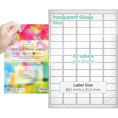 EVG Evergreen Goods étiquettes autocollantes prédécoupées A4 Transparent brillant 5x13, 65 étiquettes par feuille, 650 au total (10 A4 Feuilles) Imprimables à jet d'encre, Dos autocollant - Publicité EVG Evergreen Goods étiquettes autocollantes prédécoupées A4 Transparent brillant 5x13, 65 étiquettes par feuille, 650 au total (10 A4 Feuilles) Imprimables à jet d'encre, Dos autocollant - Publicité