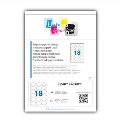 UNIVERS GRAPHIQUE 10 Planches de 18 étiquettes ovale 63.5 x 42.3 mm = 180 etiquettes Blanc Mat pour imprimantes Laser et Jet d'encre Feuilles A4 autocollantes référence univers UGE18OV1 Code logiciel L7101 - Publicité UNIVERS GRAPHIQUE 10 Planches de 18 étiquettes ovale 63.5 x 42.3 mm = 180 etiquettes Blanc Mat pour imprimantes Laser et Jet d'encre Feuilles A4 autocollantes référence univers UGE18OV1 Code logiciel L7101 - Publicité