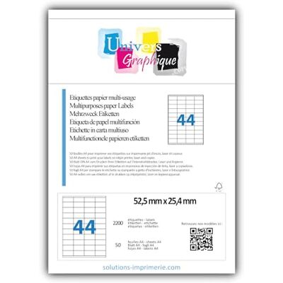 UNIVERS GRAPHIQUE 50 Planches de 44 de mini étiquette 52.5 x 25.4 mm = 2200 etiquettes Blanc Mat pour imprimantes Laser et Jet d'encre Feuilles A4 autocollantes référence univers UGE44V01 - Publicité UNIVERS GRAPHIQUE 50 Planches de 44 de mini étiquette 52.5 x 25.4 mm = 2200 etiquettes Blanc Mat pour imprimantes Laser et Jet d'encre Feuilles A4 autocollantes référence univers UGE44V01 - Publicité