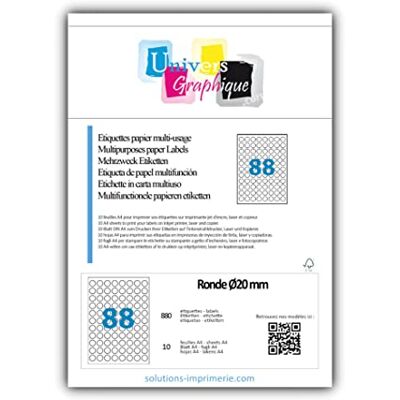 UNIVERS GRAPHIQUE 10 Planches de 88 mini étiquette rondes diamètre 20 mm = 880 étiquettes Ø 20 Blanc Mat pour imprimantes Laser et Jet d'encre Feuilles A4 autocollantes référence univers UGEROND20 - Publicité UNIVERS GRAPHIQUE 10 Planches de 88 mini étiquette rondes diamètre 20 mm = 880 étiquettes Ø 20 Blanc Mat pour imprimantes Laser et Jet d'encre Feuilles A4 autocollantes référence univers UGEROND20 - Publicité